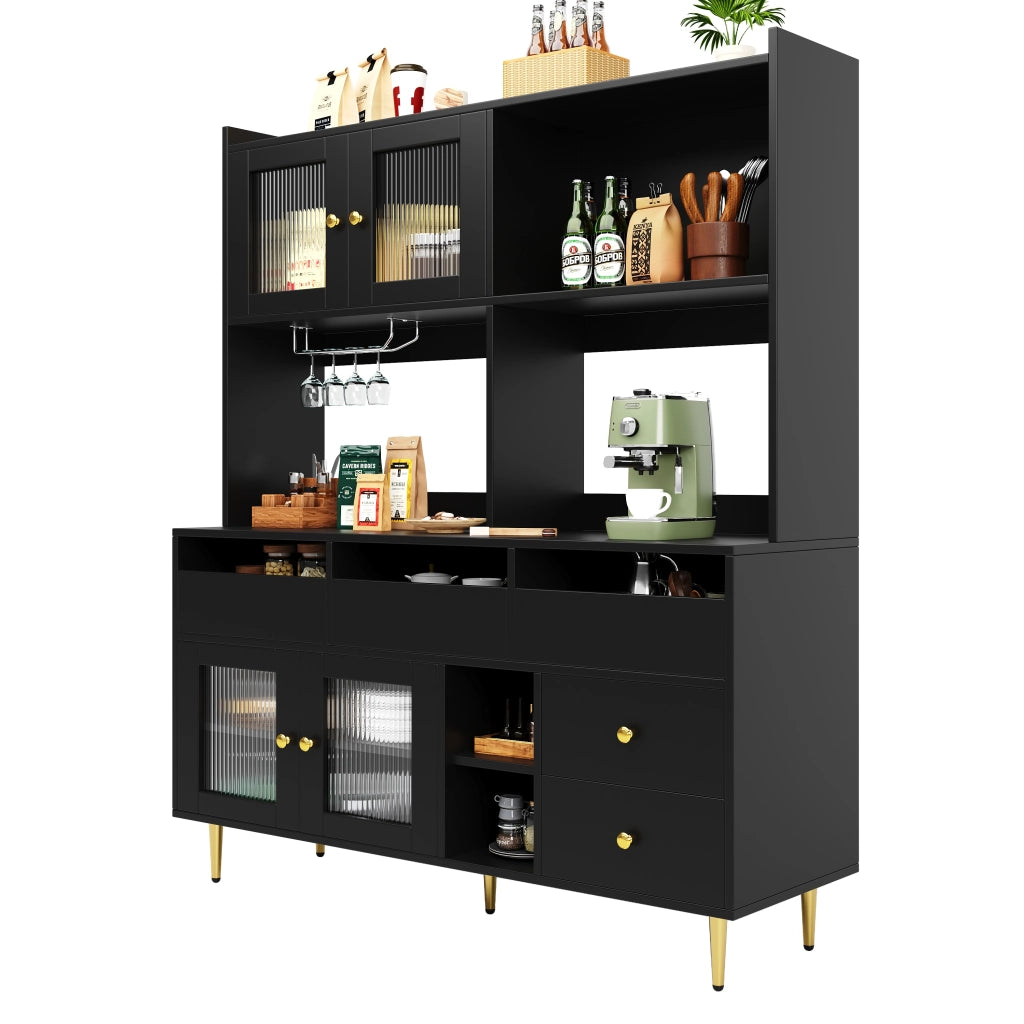Credenza alta con vetro cannettato e portabottiglie, vani aperti per cucina e sala da pranzo, nera, 145 × 39 × 171 cm