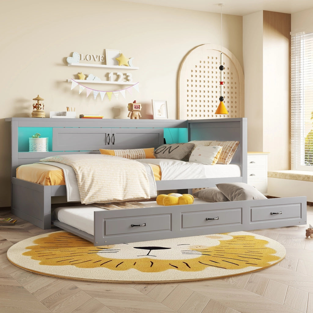 Letto a Divanetto 90x200 cm; Letto Singolo - Contenitore; LED; USB; e Presa - Grigio