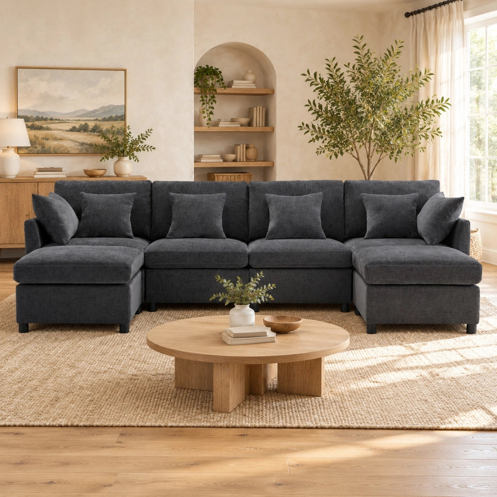 Divano modulare 278x161 cm in chenille grigio con 6 cuscini e pouf mobili