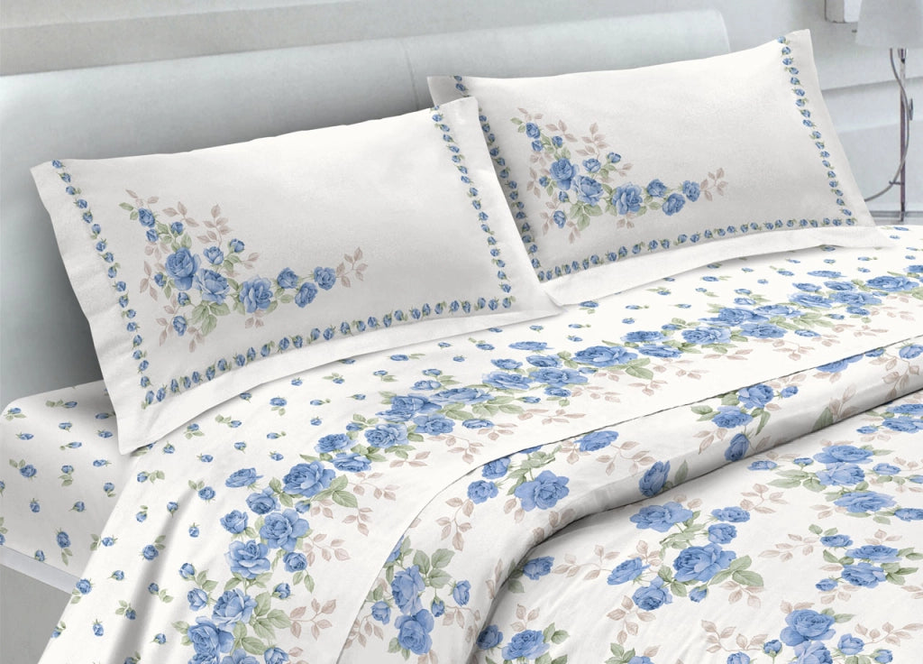 Completo Lenzuola In 100% Cotone Fantasia Cloe - Singolo - Azzurro