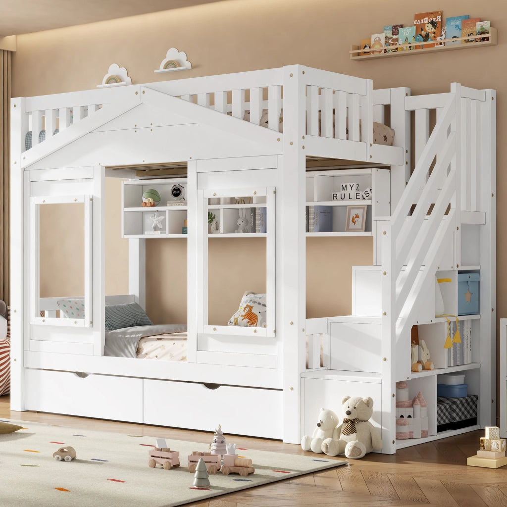 Letto a castello in legno massello 90 x 200 cm per bambini con protezione anticaduta, scala contenitore e finestra - Bianco