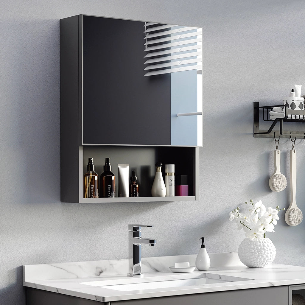 Mobiletto a parete in acciaio inox con specchio, dotato di 2 ripiani interni e ripiano a giorno in vetro, per bagno, dimensioni 46x13,5x58 cm.