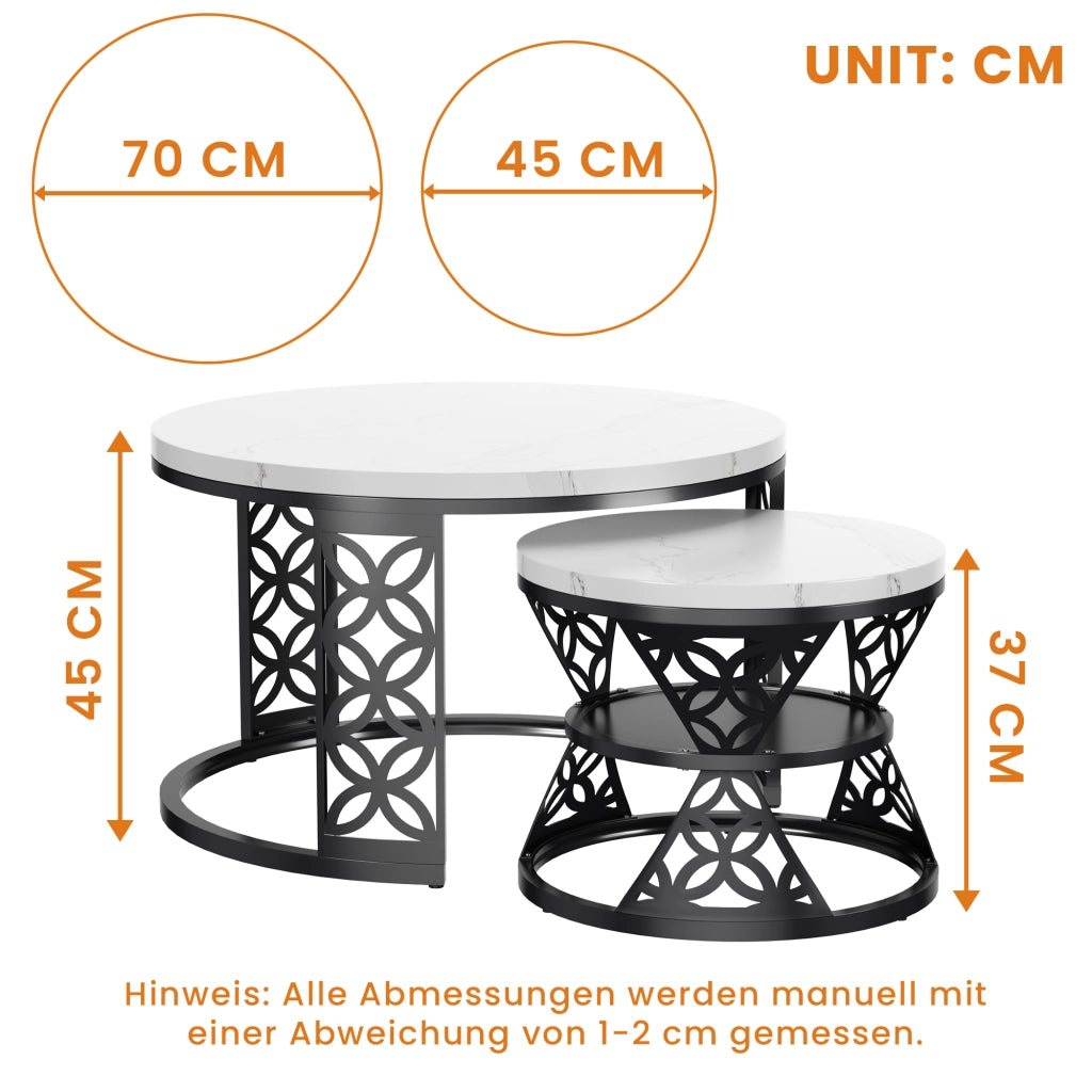 Set 2 tavolini da caffè 70x70x45 e 45x45x37 cm; piani effetto marmo bianco; struttura in metallo nero