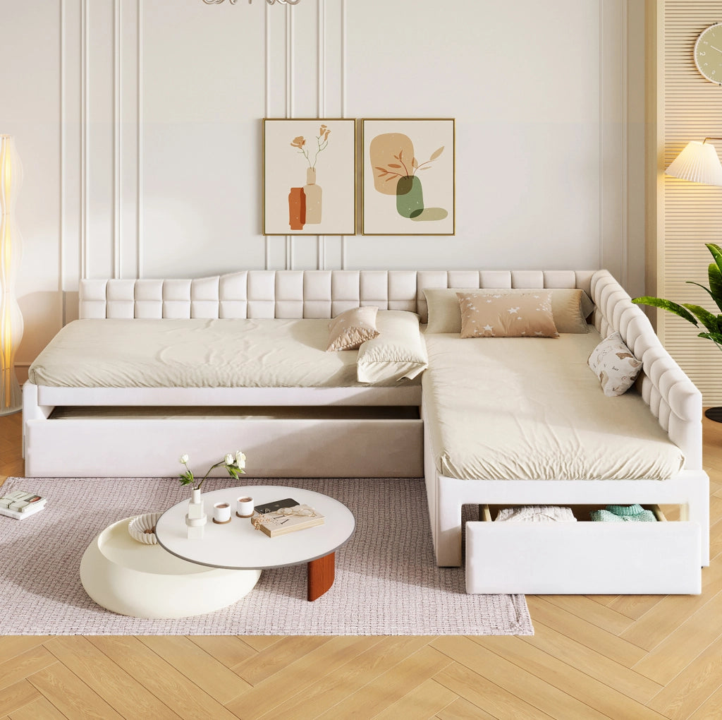 Letto angolare imbottito 90x200 beige con letto estraibile, cassetti e rivestimento morbido