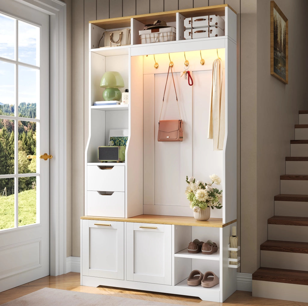 Mobile ingresso con guardaroba; panca e luce LED controllata da app; 100 x 32 x 186 cm bianco