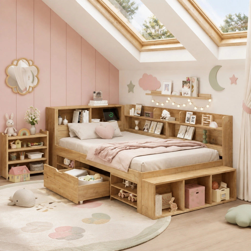 Letto singolo per bambini 90 × 200 cm con rete a doghe in compensato naturale e mobili contenitore