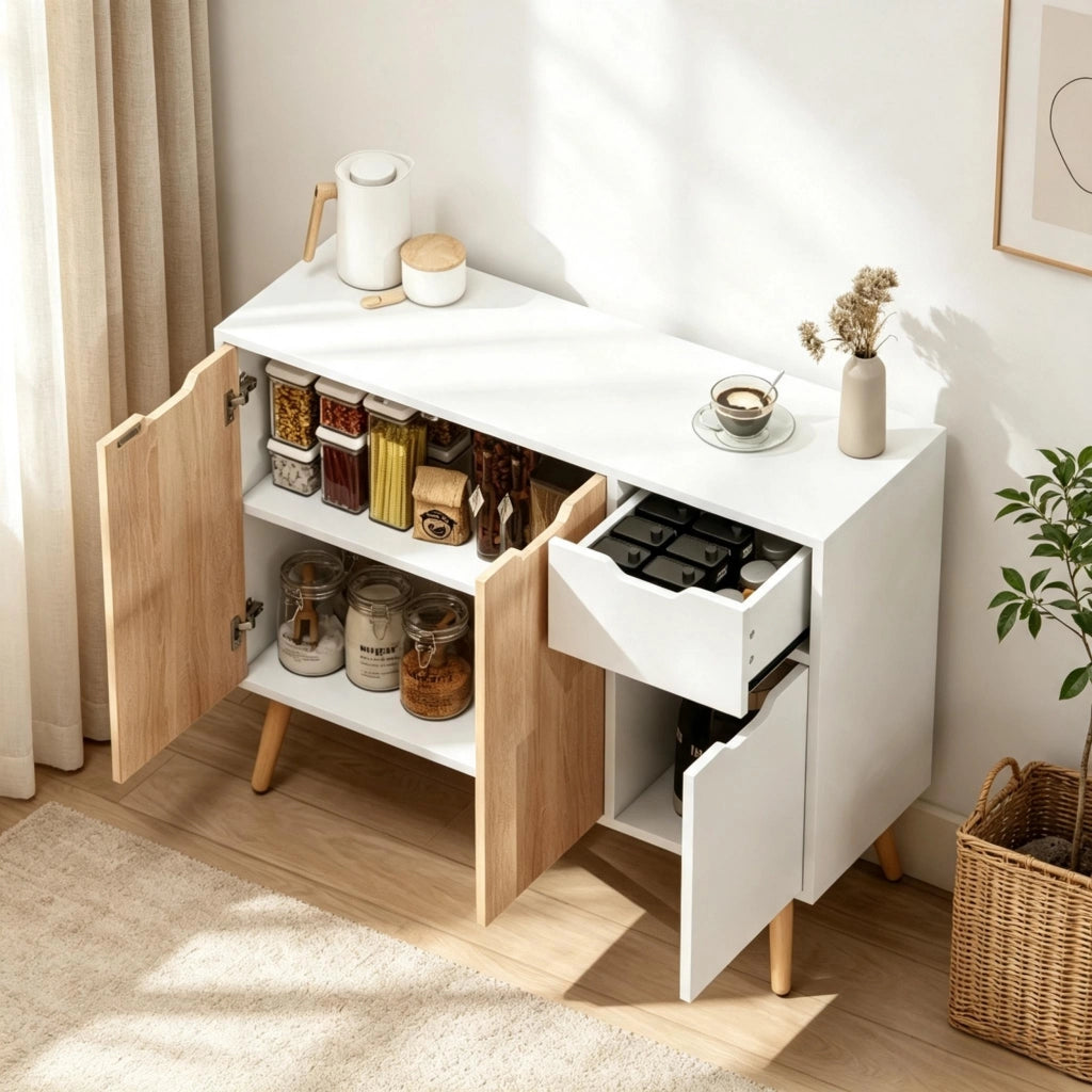 Sideboard design scandinavo con cassetti e ante, mobile per ingresso