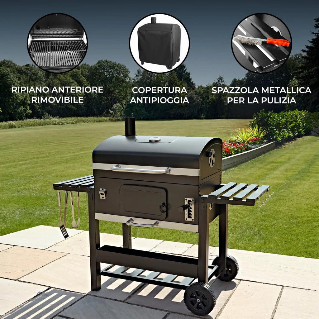 Barbecue BBQ XXL a Carbone con Affumicatore Carrello Ripiani da Giardino