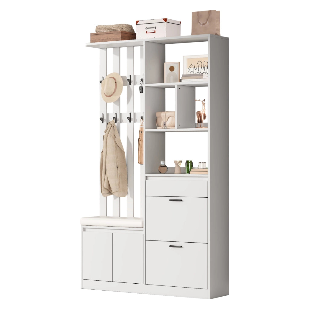 Guardaroba da ingresso bianco in mdf 120x30x200 cm; mobile ingresso con panca imbottita; scarpiera a ribalta e 10 ganci
