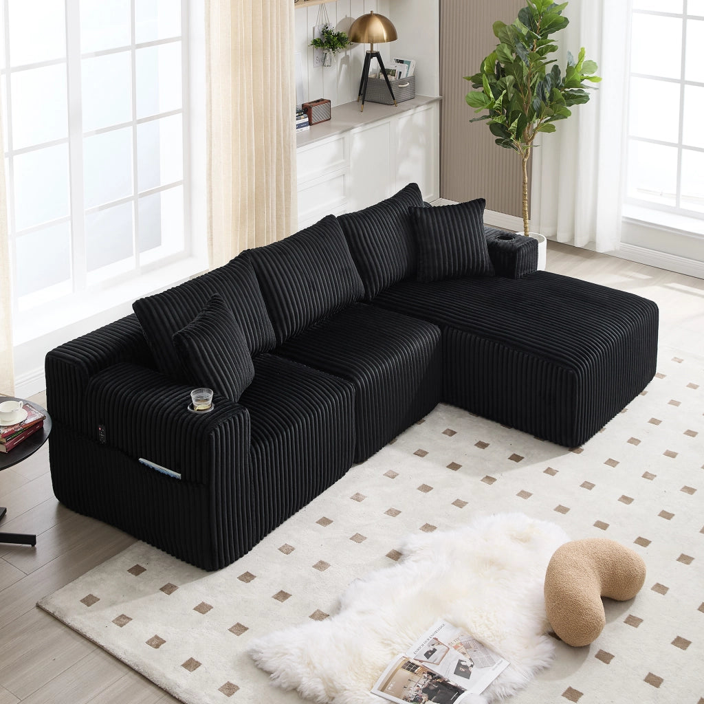 Divano modulare con chaise longue e 2 posti in velluto a coste nero con 5 cuscini