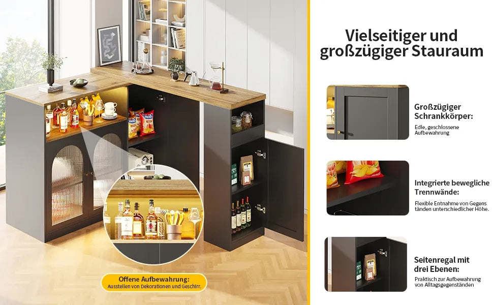 Bar Girevole 360° 198x39,6x97 cm, Mobile Nero Opaco con Scrivania Effetto Legno, Ante Vetro e LED, Sideboard Cantinetta Angolo Caffè