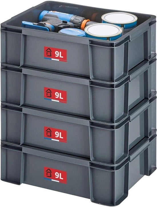 Set di 4 Scatole di Archiviazione Stacking - 9L Scatole di Plastica di Archiviazione - Robuste e Rafforzate - Pareti Orizzontali - Adatte per Officina, Fai da Te e Trasporto