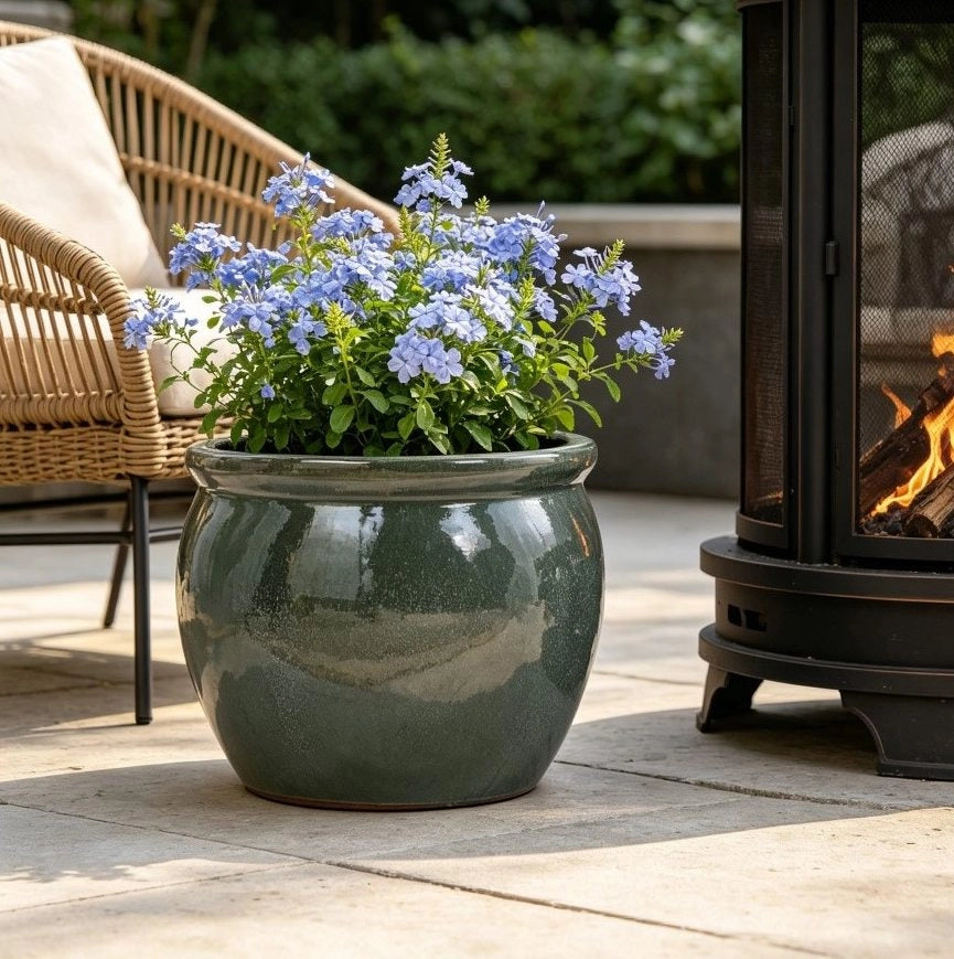 Vaso da giardino ULEVR in ceramica ? 37 cm, finitura lucida blu-verde anticato per interno ed esterno