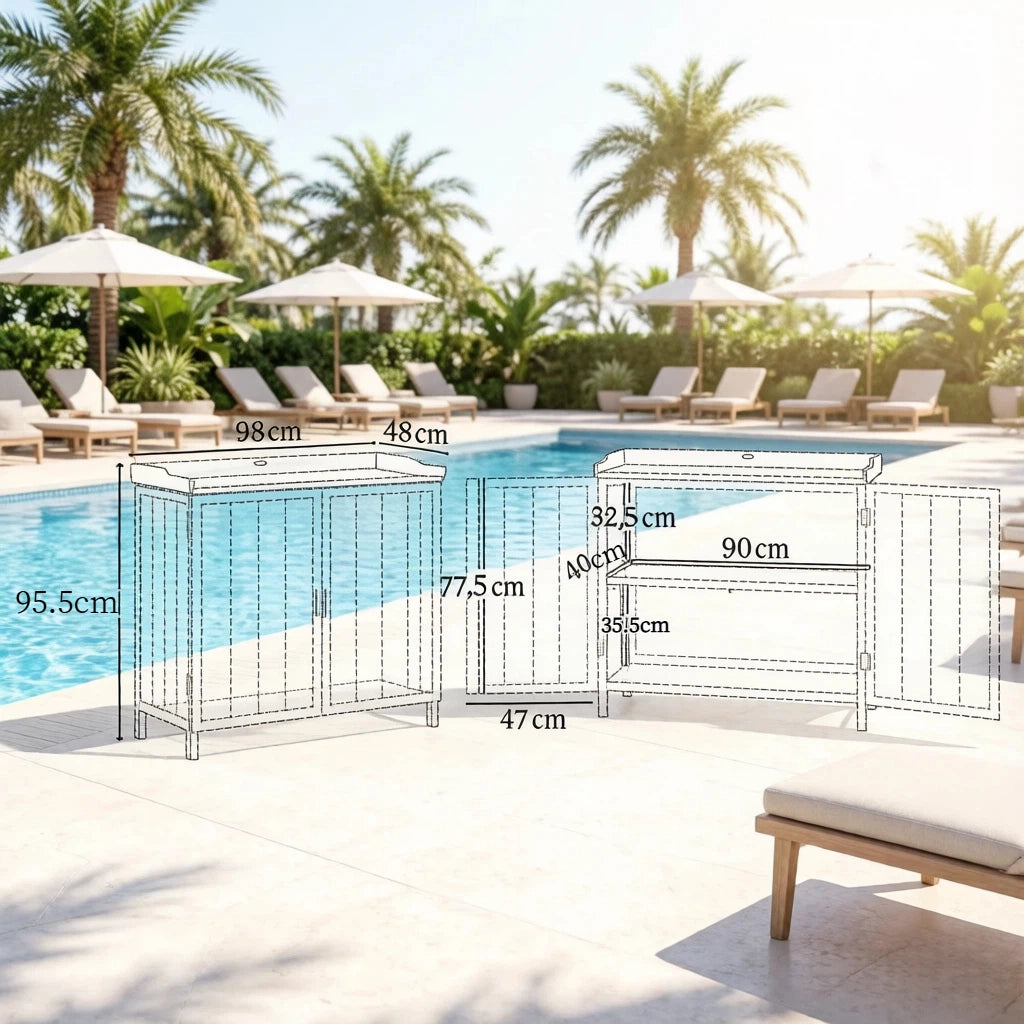 Mobile contenitore da giardino con 2 ante ripiano e piano di lavoro per balcone e terrazza 98×48×95.5 cm