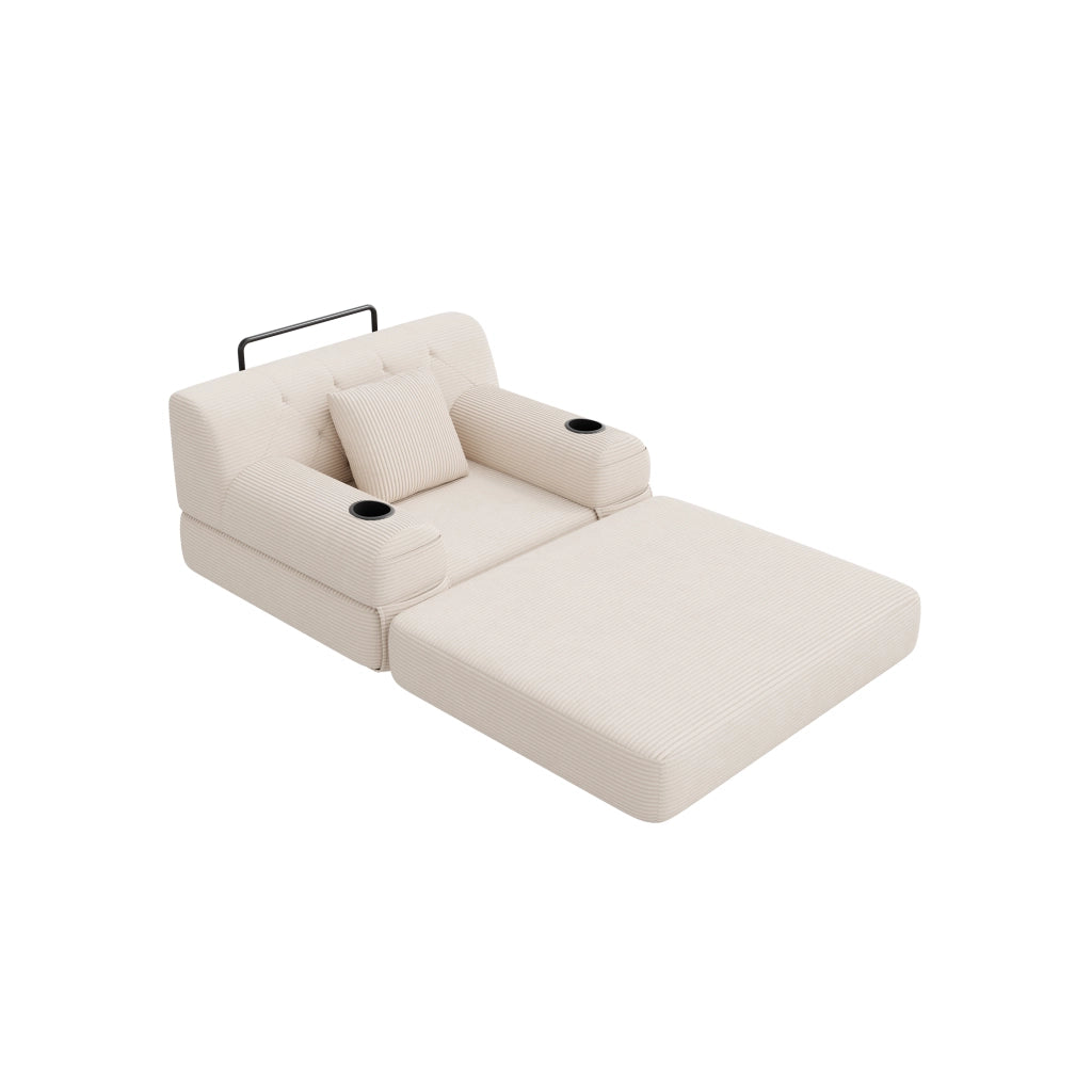 Divano letto singolo 107x162 cm in velluto a coste beige; schienale alto; 4 tasche e 2 portabevande