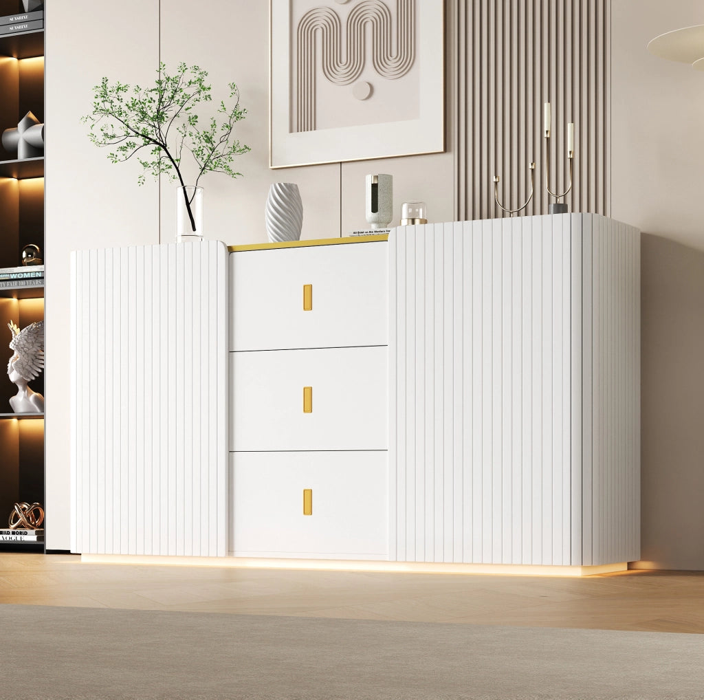 Sideboard bianco multifunzionale LED 150x35x80 cm con 2 ante e 3 cassetti