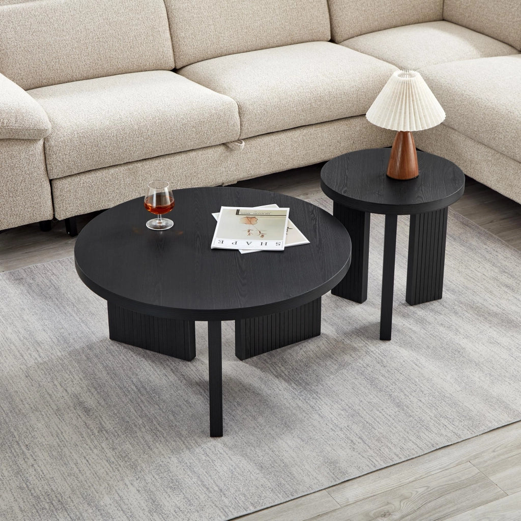 Tavolino da divano rotondo a tre gambe in MDF nero con effetto legno scuro per soggiorno camera e balcone