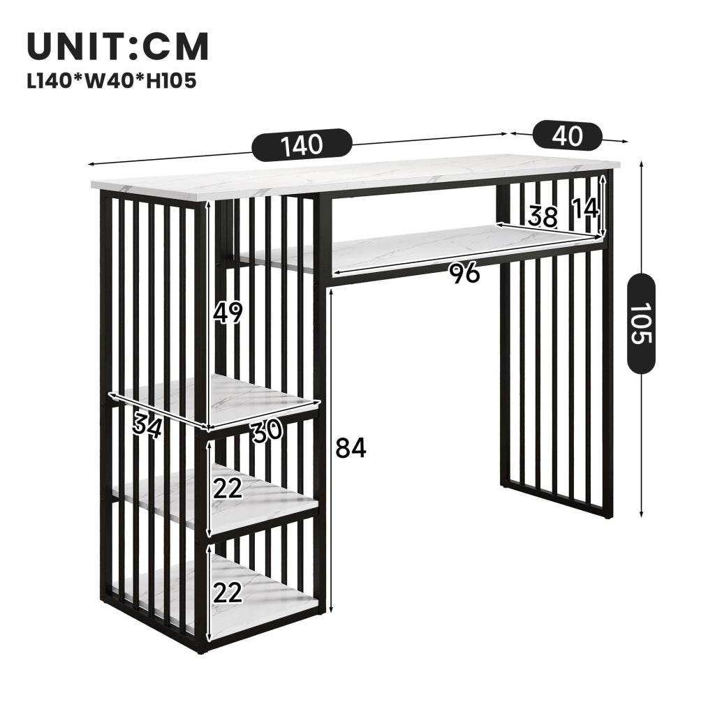 Tavolo bar con ripiani; 140 x 40 x 105 cm; MDF e metallo; bianco e nero