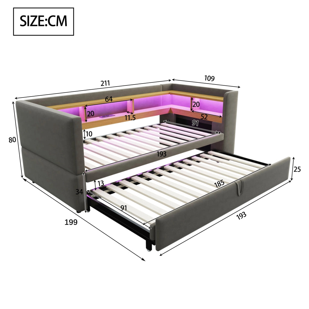 Letto Estraibile Letto Singolo 90/180 x 190 cm con LED; prese e vani contenitore