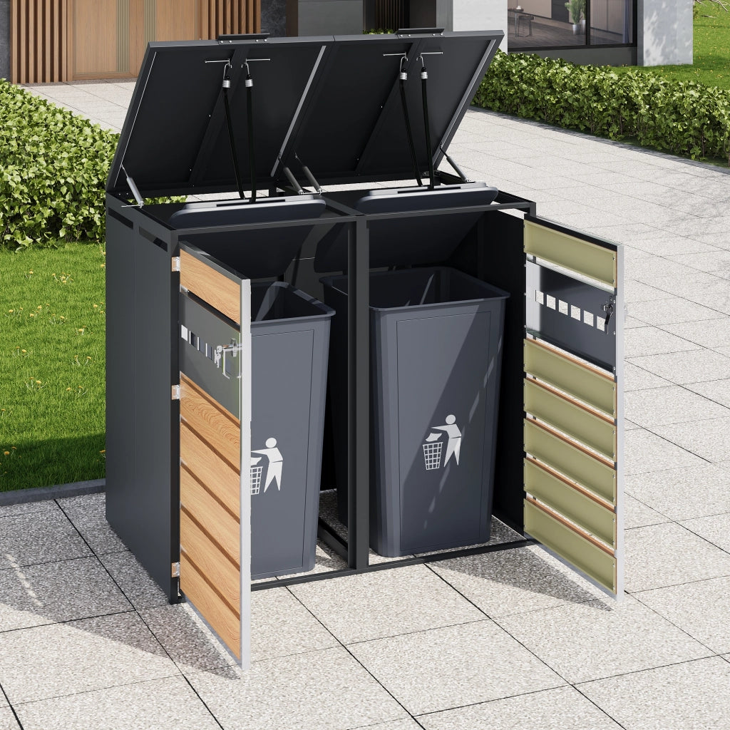 Box portabidoni a 2 scomparti con coperchi idraulici in acciaio zincato grigio effetto legno 132 × 80 × 118.5 cm