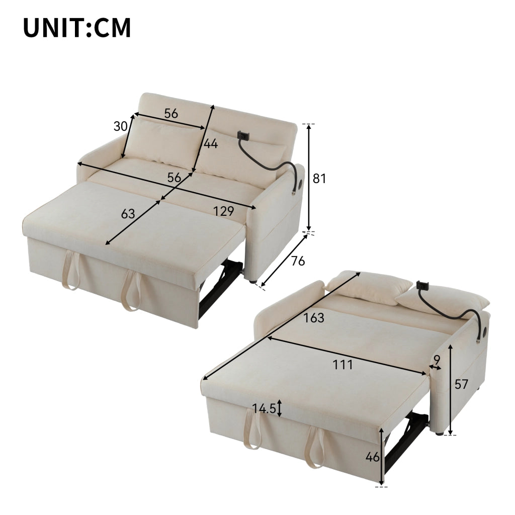 Divano letto estraibile a 2 posti con schienale reclinabile; USB; tasche laterali; beige