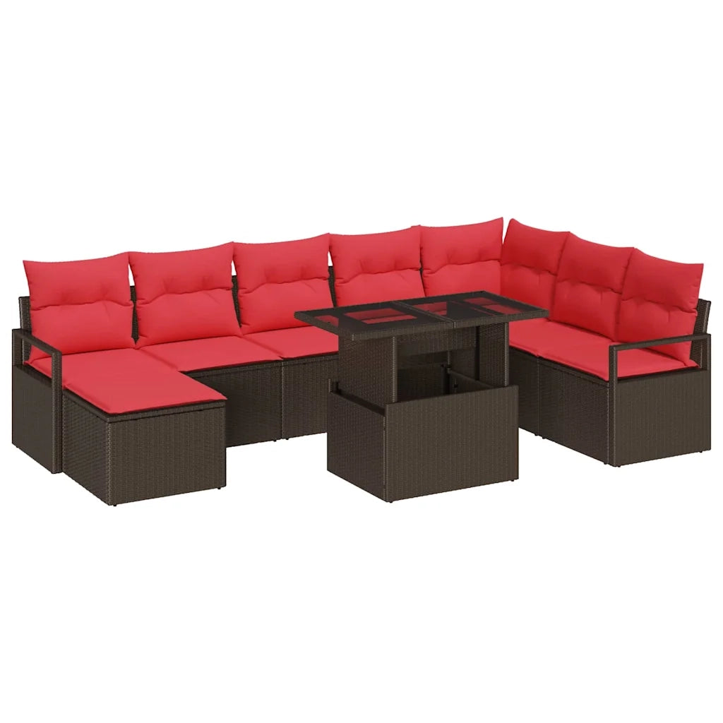 Set Divano da Giardino 9 pcs Marrone e Rosso polyrattan 3348880