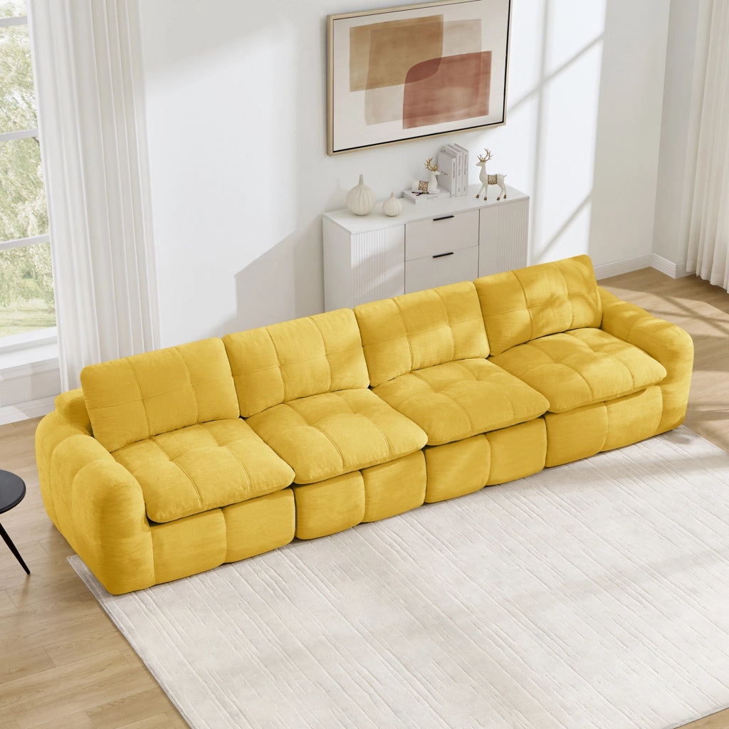 Divano modulare 4 posti senza telaio in chenille giallo, schiuma ad alta densità 32D, per soggiorno e appartamenti, senza montaggio