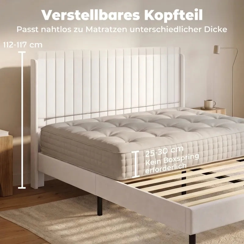Letto imbottito beige 140x200 cm con testiera regolabile e 12 doghe