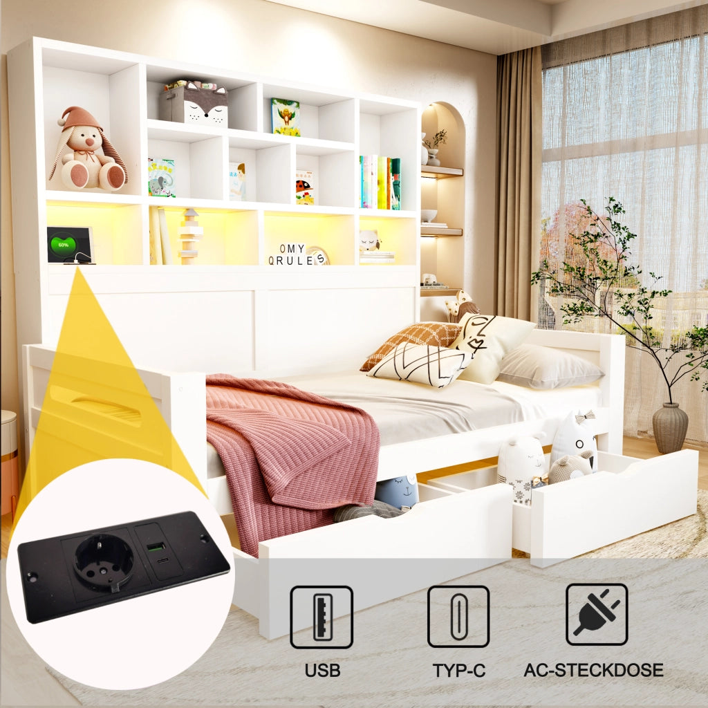 Letto con cassetti 90 × 200 cm con testiera a ripiani LED e prese elettriche in MDF bianco