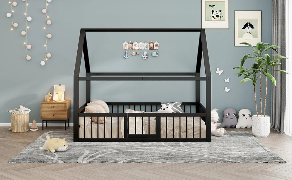Letto a casetta 140 × 200 cm con barriera e cancelletto in metallo nero senza materasso