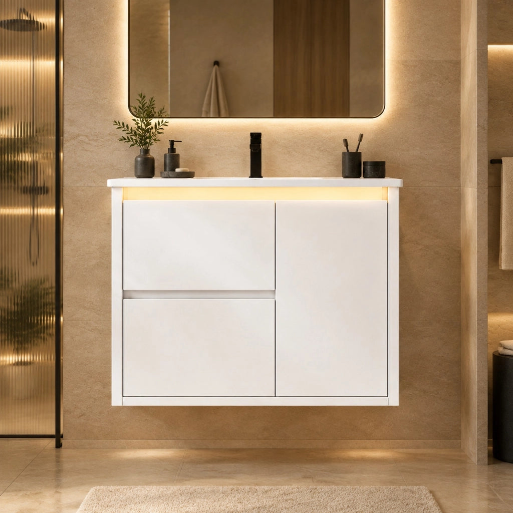 Mobiletto con lavabo sospeso con due cassetti e LED a sensore in MDF e ceramica bianco 61 × 46.5 × 57 cm