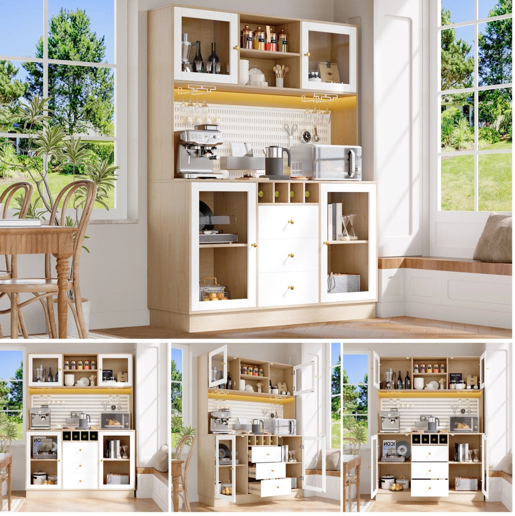Hochschrank mit smartem LED-Licht, Weinregal und verstellbaren Einlegeböden, 140x40x185,7 cm, Weiß