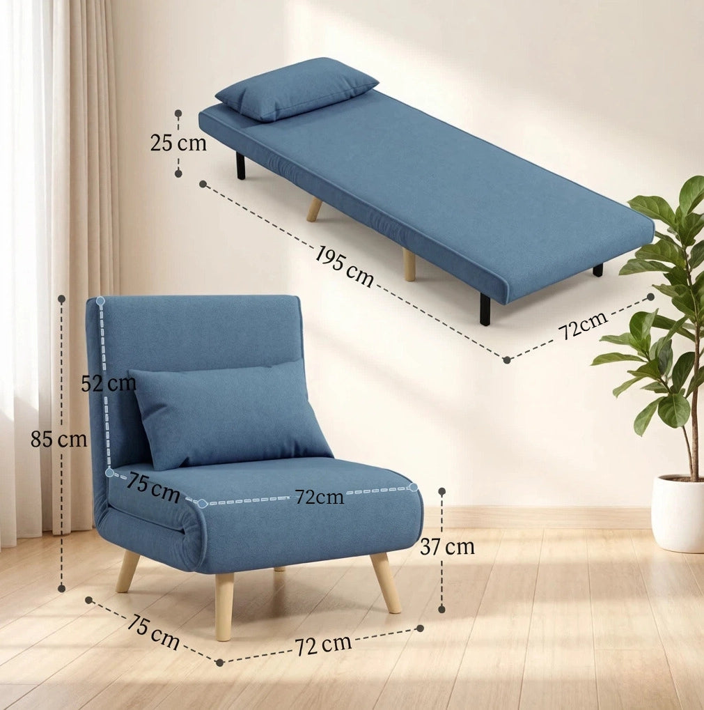 Divano-letto pieghevole con schienale regolabile, poltrona versatile in tessuto blu
