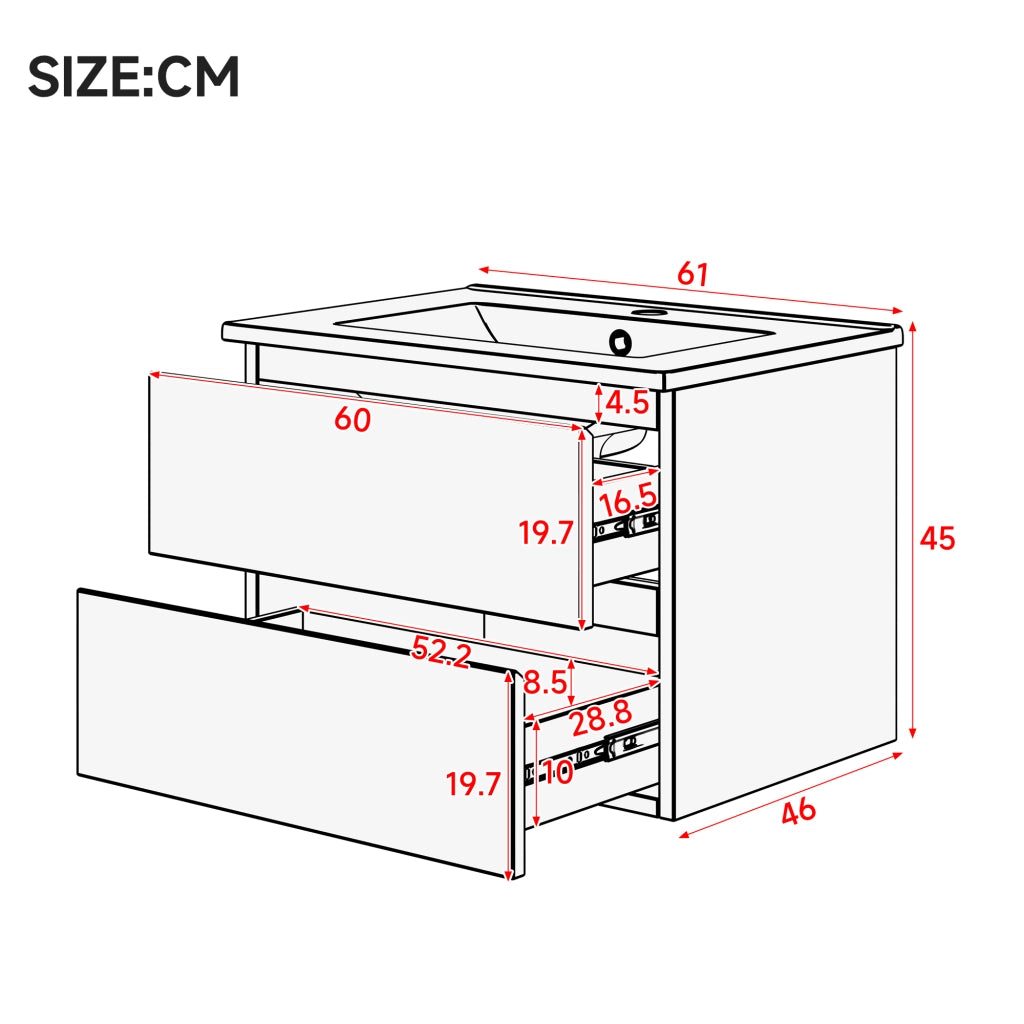 Desviae Mobile sottolavabo sospeso con lavabo in ceramica LED con sensore radar 2 cassetti MDF bianco 61 × 46 × 45 cm