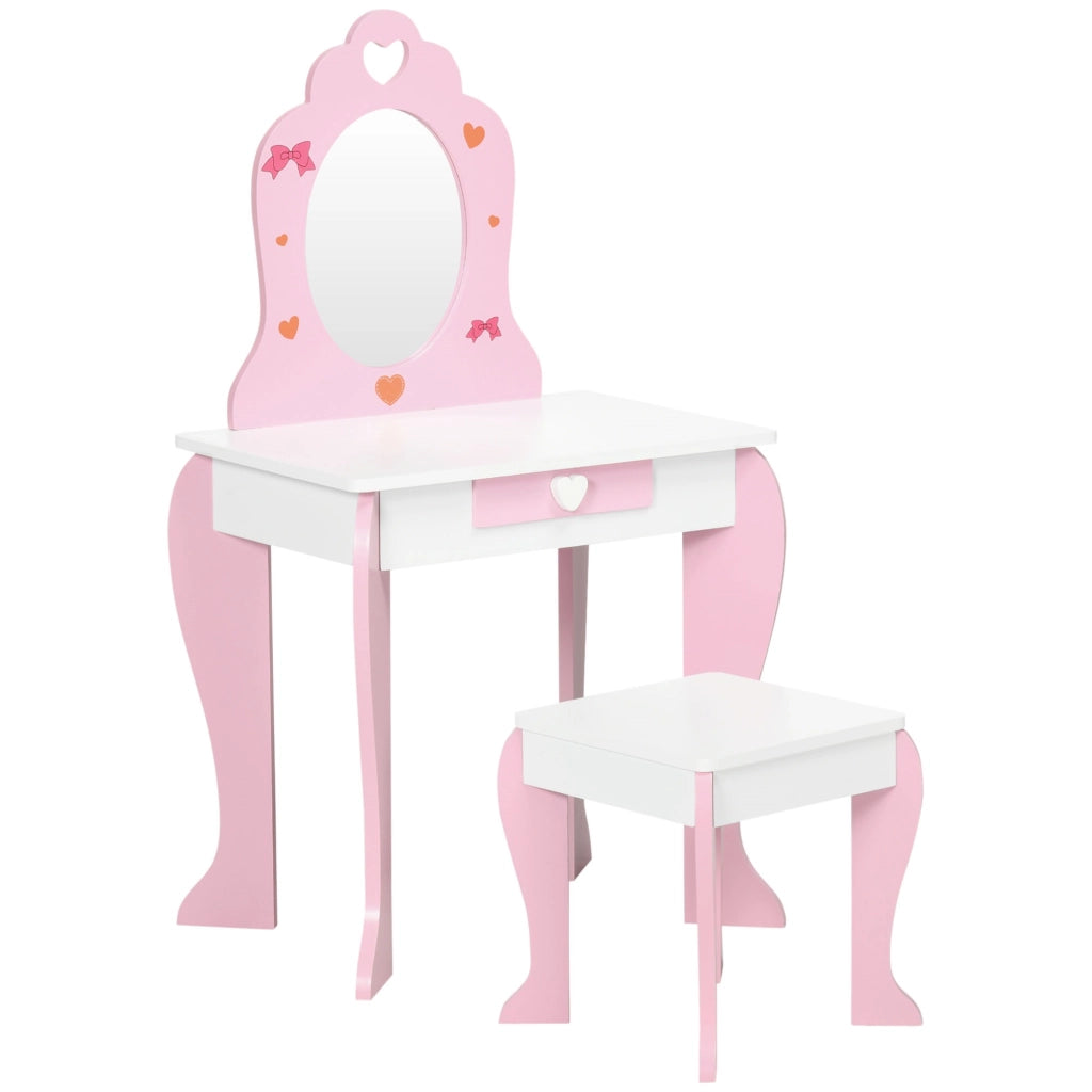 EasyComfort Set Tavolo Trucco con Sgabello, Specchio e Cassetto in MDF per Bimbi 3-6 Anni, Bianco e Rosa