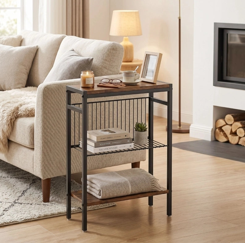 Tavolino Laterale con 3 Ripiani in Truciolato e Struttura in Metallo, Marrone Rustico, 43x18x62,5 cm