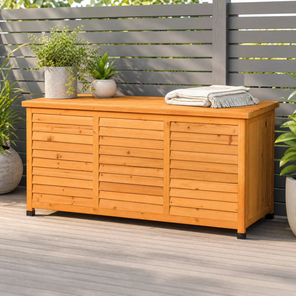 Baule da esterno in legno con coperchio apribile e rivestimento idrorepellente giallo 127 × 56 × 60 cm