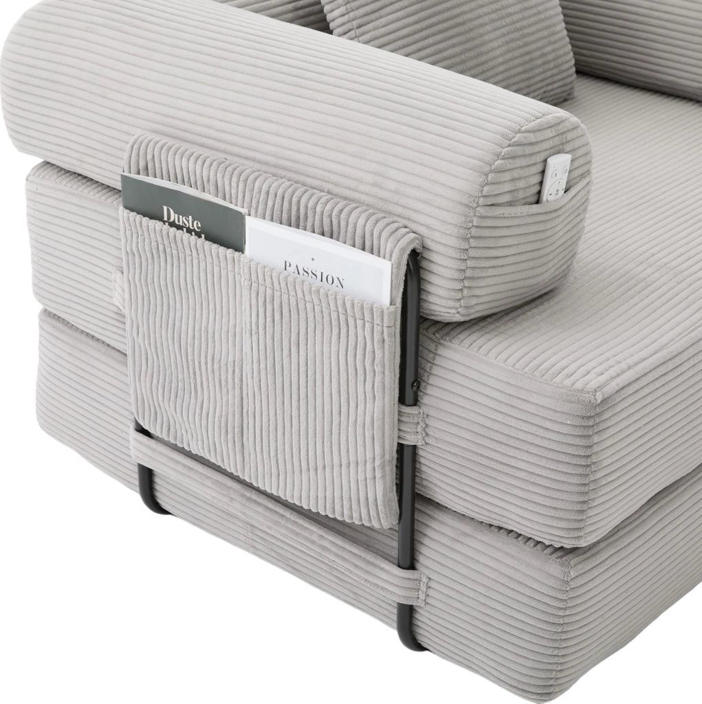 Divano modulare in corduroy con pouf; grigio chiaro