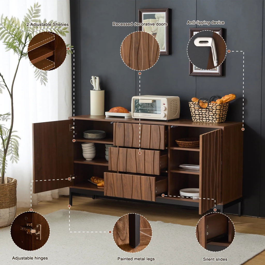 Sideboard 150 cm in legno di quercia scuro venato, stile Mid Century Modern con 3 cassetti e ampia nicchia aperta. Mobile decorativo per cucina, soggiorno, ingresso e corridoio