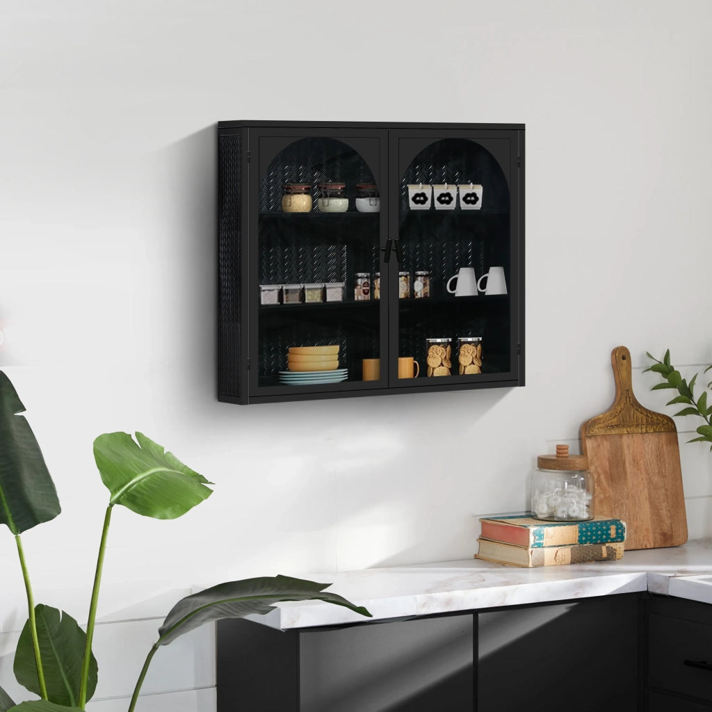 Mobile a muro moderno 2 ante con porte in vetro 70 cm, nero, motivo intrecciato, 3 ripiani per ingresso soggiorno bagno sala da pranzo