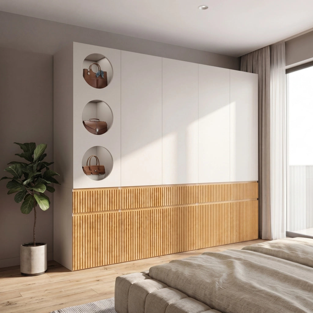 Armadio con ante battenti, 225x50x200 cm, 10 ante, 2 aste appendiabiti, 3 cassetti, effetto rovere chiaro, per camera e ufficio