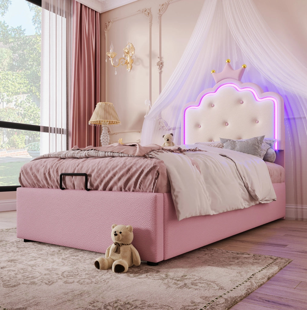 LETTO Contenitore 90x200 cm PU Rosa con luce LED