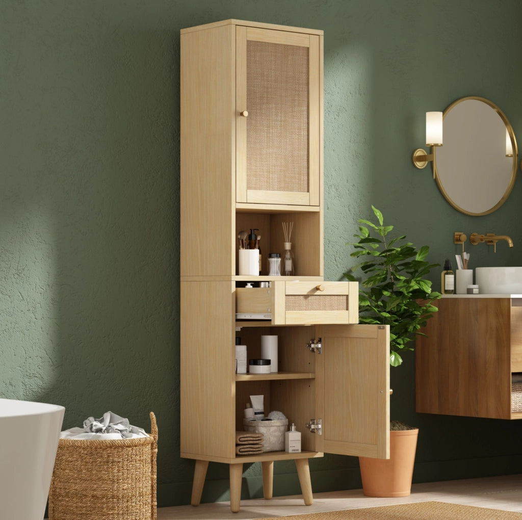 Mobile bagno alto 166 cm con ante in rattan reversibili, cassetto, chiusura magnetica e cerniere soft-close, 40x30x166 cm, colore legno naturale