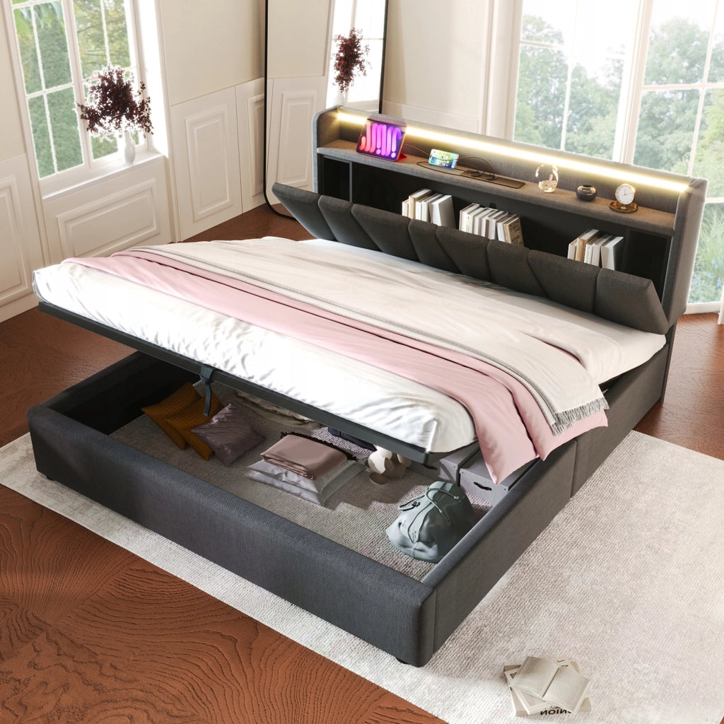 Letto imbottito con LED e USB - Xylo - 140x200 - Grigio