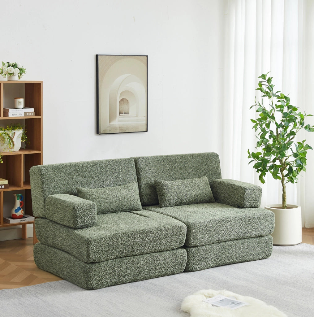 Divano Letto Modulare 2 in 1 Pieghevole in Ciniglia Verde per Soggiorno Camera da Letto e Ufficio
