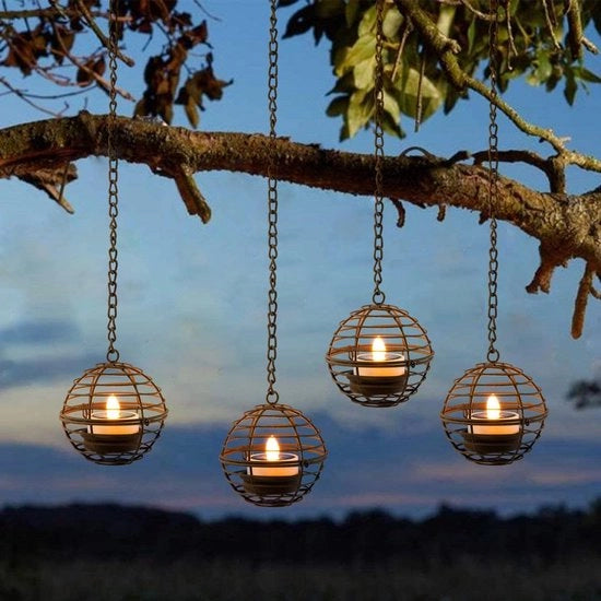 4 Pezzi di Lampade da Soffitto Acquario - Design a Balcone in Acciaio Rugginato con Luci a Led - Ideali per Giardino - Terrazza - Decorazione di Recinzione e Alberi