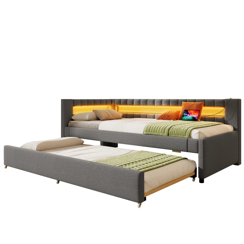 Letto estraibile 2 posti 90 x 200 e 90 x 190 cm con LED via app e USB/USB-C, divano letto in lino grigio con struttura MDF salvaspazio