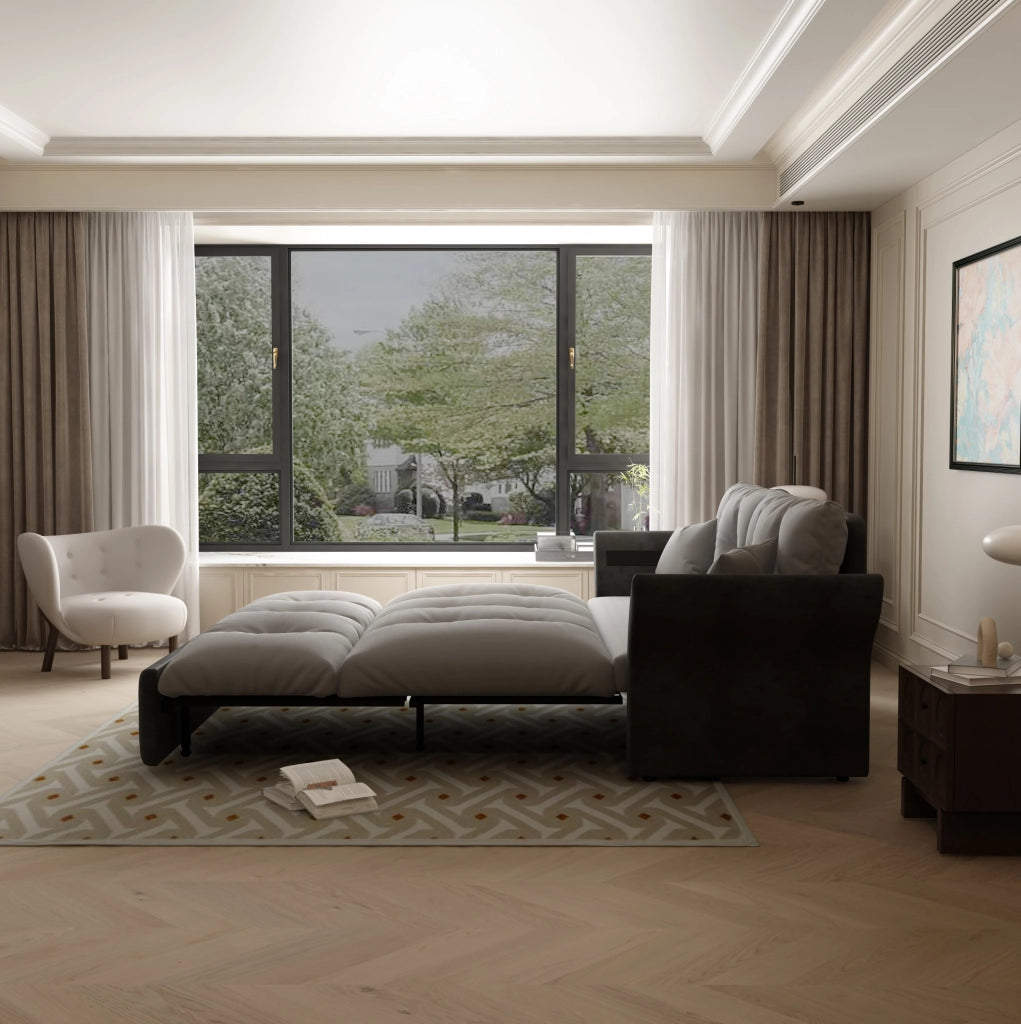 Divano letto estraibile 3-in-1 Queen size 190 cm in velluto grigio chiaro con due cuscini