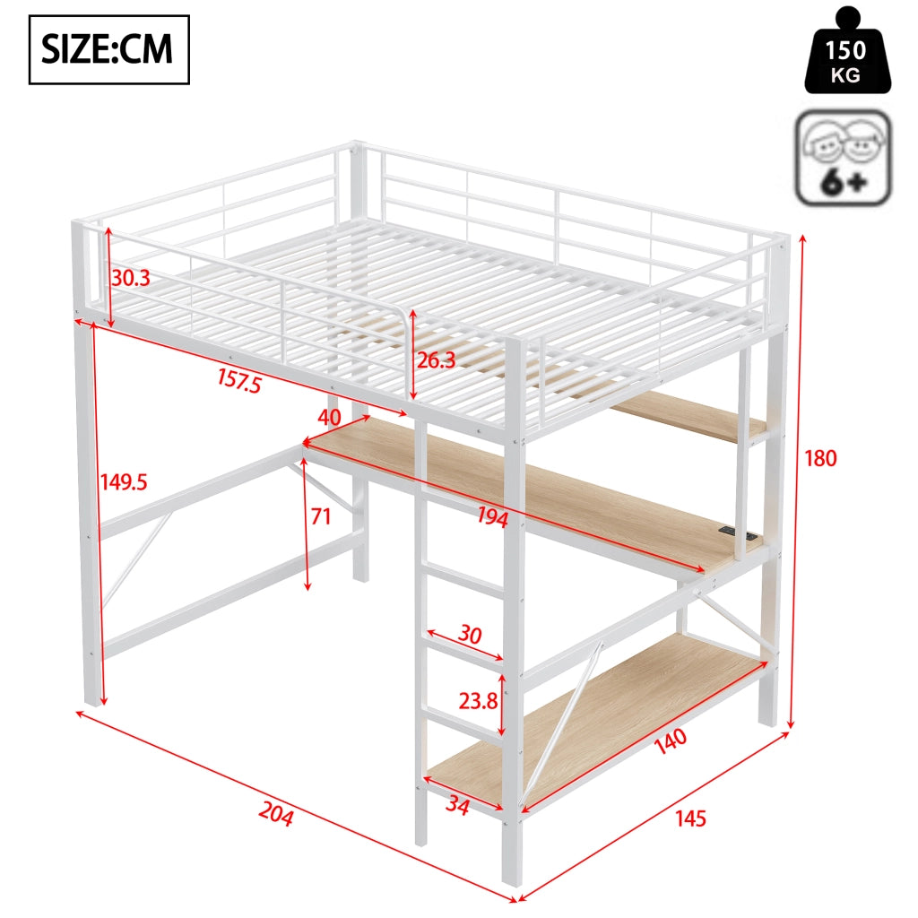 Letto a Soppalco 140x200 cm in metallo con Scrivania; LED; USB-C; Ripiani Bianco