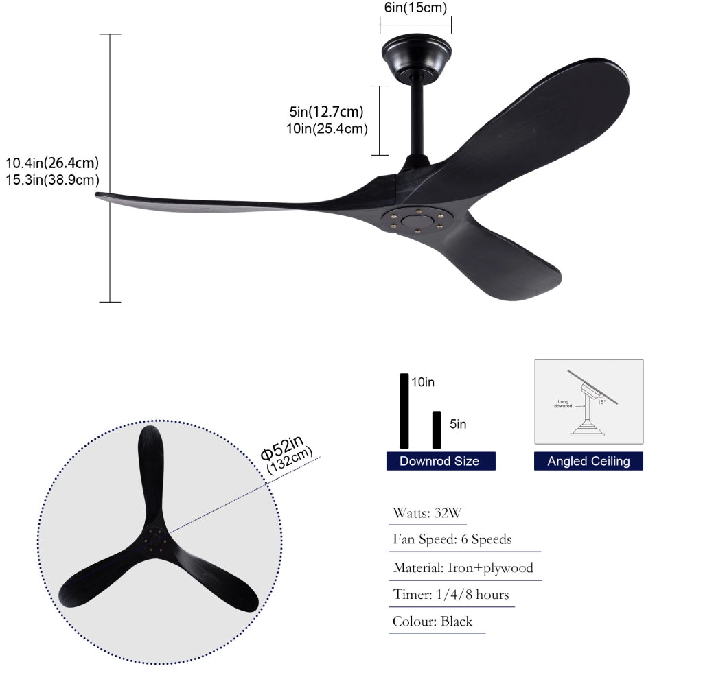 Ventilatore da soffitto nero da 52 pollici con 3 pale in legno massello Paulownia, 6 velocità regolabili con telecomando